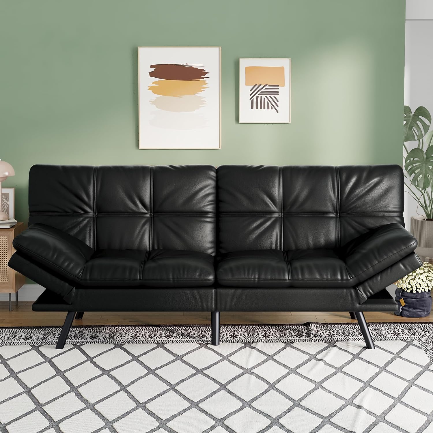 Opoiar 71' L Covertible Futon Sofa Bed,Faux Leather Futon Couch, Memory Foam Modern Loveseat Sleeper, Small Splitback Sofa Couches for Living Room,RV,Home Office,Apartment,Black