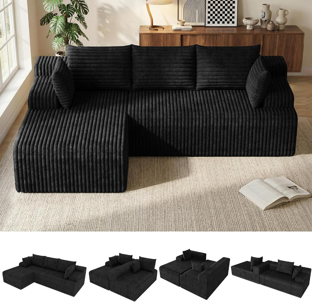 2026 New Boneless Couch, No Assembly Cloud Couch Sectional with Deep Seat & Chaise for Small Spaces, Upholstered Boneless Sectional Couch for Living Room, L Shaped Couch with Left Facing Chaise, Black