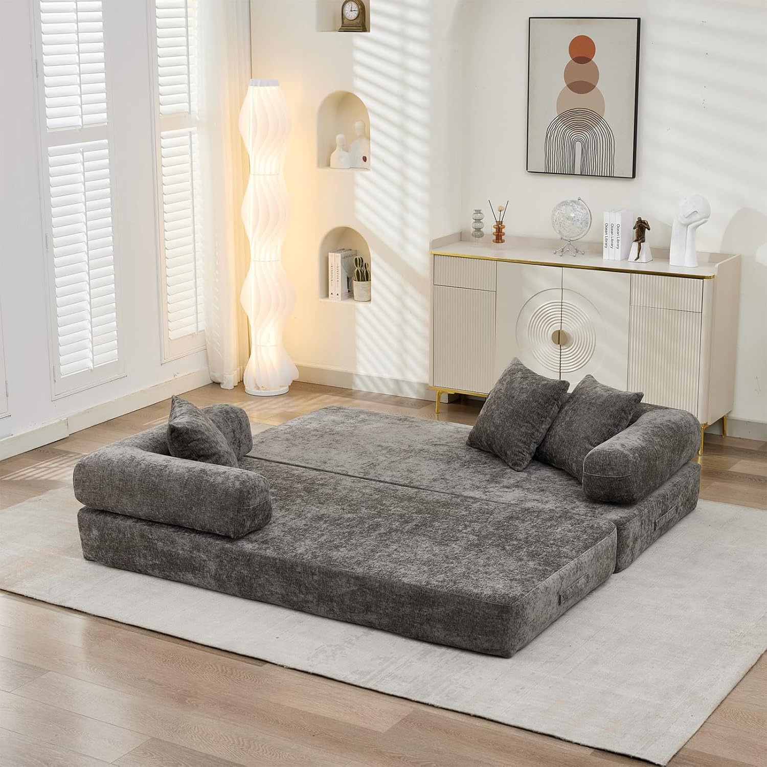 Futon Sofa Bed, Modular Convertible Folding 3 Seater Chenille Foam Floor Loveseat Sleeper Sofa Couch with 3 Pillows, No Assembly Compressed Boneless Couch, for Living Room Bedroom Guest Room, Grey