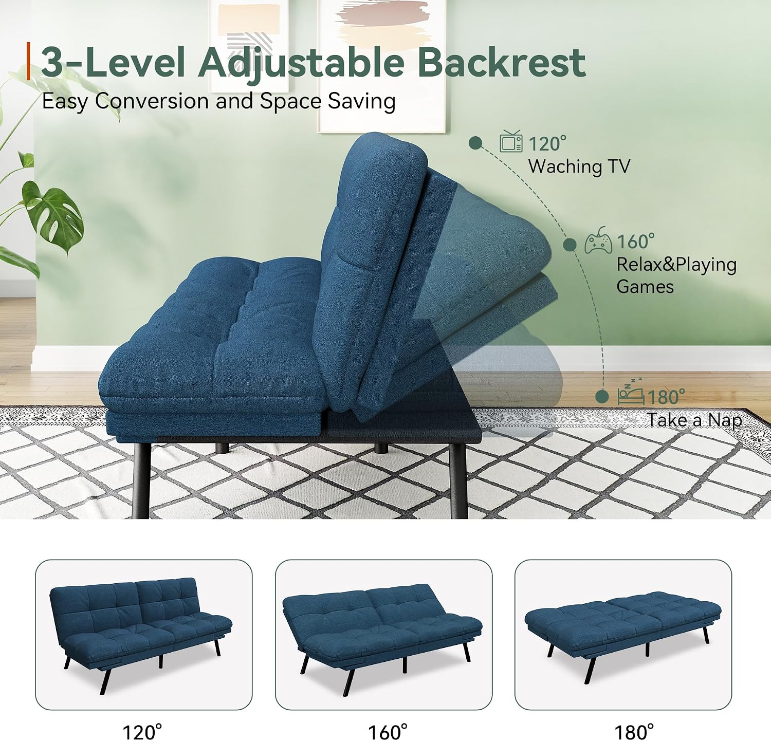 Opoiar Convertible Futon Sofa Bed,71' Memory Foam Futon Couch,Detachable Cushion,Adjustable Backrest & Armrest,Linen Modern Loveseat Sleeper Recliner for Living Room,Office,Apartment,Retro Blue