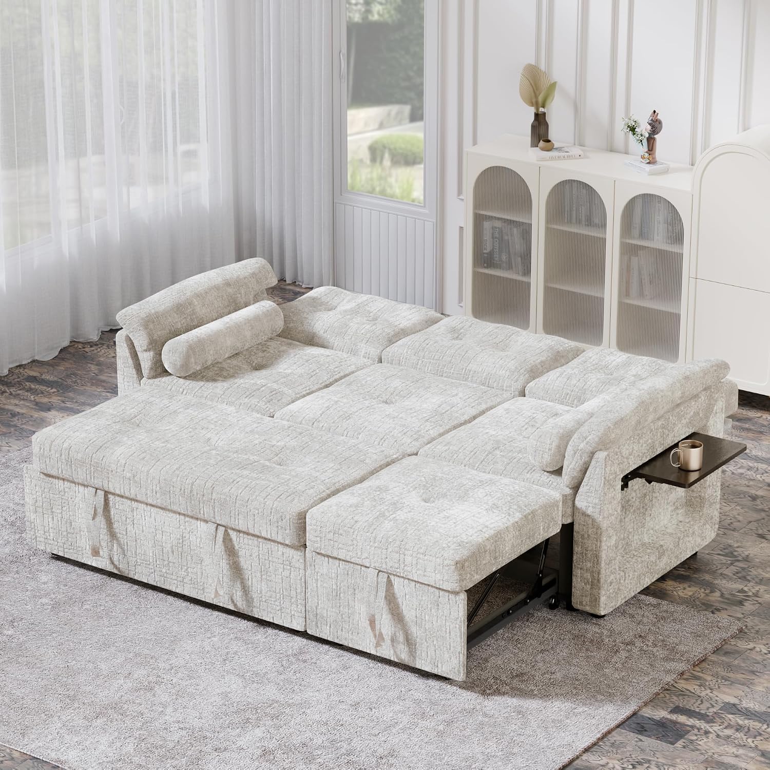 Convertible Sleeper Sofa Bed, 63 Inch Chenille Pull Out Couch with Side Table & Adjustable Backrest, Sectional Sleeper Sofa with Pull Out Bed for Living Room, Apartment, Beige