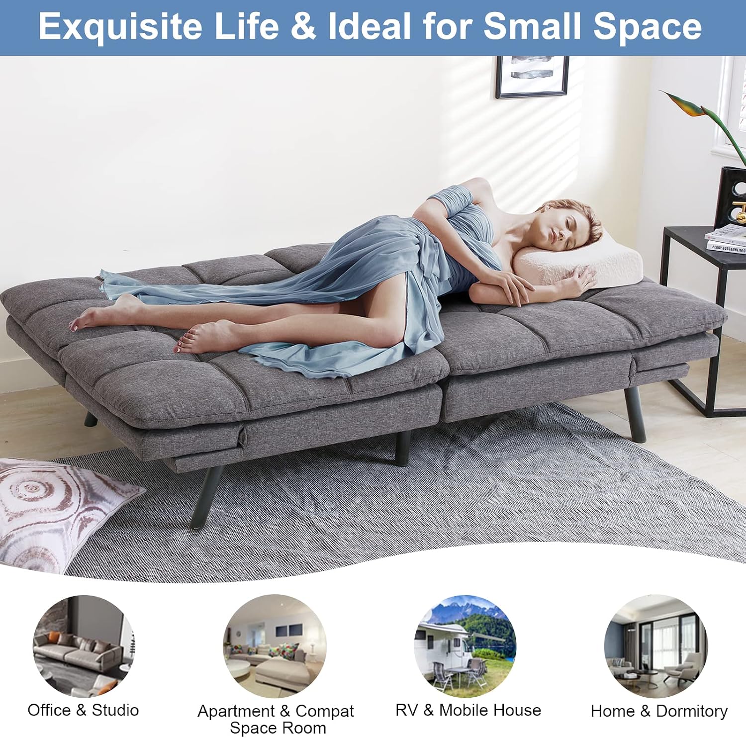 MUUEGM Futon Sofa Bed Convertible Futon Couch Sleeper,Memory Foam Modern Love seat,Small Splitback Sofa with Adjustable Armrests Backrests for Living Room,Compact Space,Office,Apartment,Dorm,71',Grey