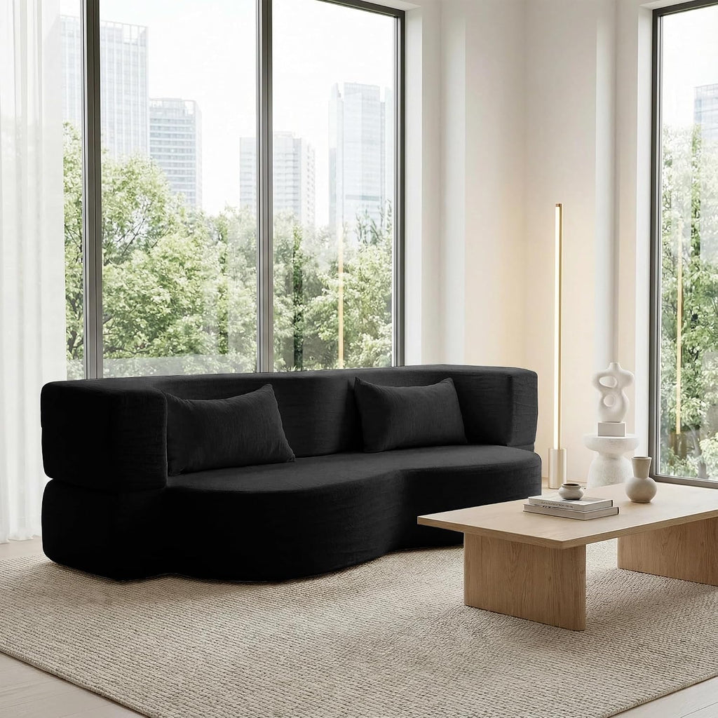 2-in-1 Convertible Sofa,78 Inch Folding Sofa Bed Pull Out Sofa with 2 Pilow Lazy Sofa, Teddy Loveseat Sleeper Floor Sofa for Apartment Children's Room Bedroom Living Room (Teddy, Black)