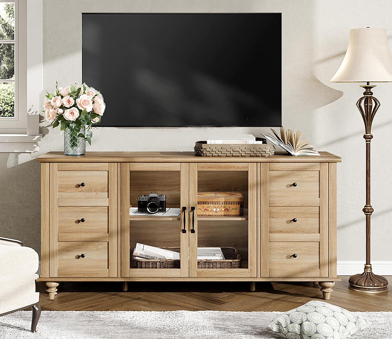 WAMPAT Farmhouse TV Stand for TVs Up to 65 inch, Wood TV Console Table with Storage Cabinets & Glass Door, Entertainment Center for 32-75 inch TV Console Cabinet, 58', Oak