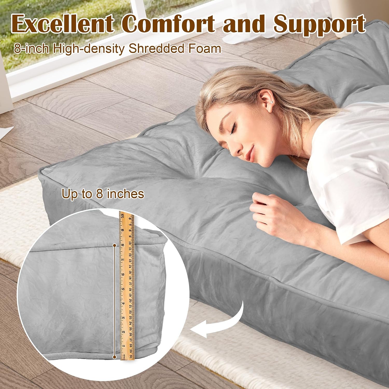 Futon Mattress Full Size 54' x 80', 8' Thick Floor Mattress for Adults, Foldable Sofa Couch Bed with Shredded Foam Filling, Comfy Sleeping Mat for Guest, Camping, Dorm, Light Gray(Frame Not Included)