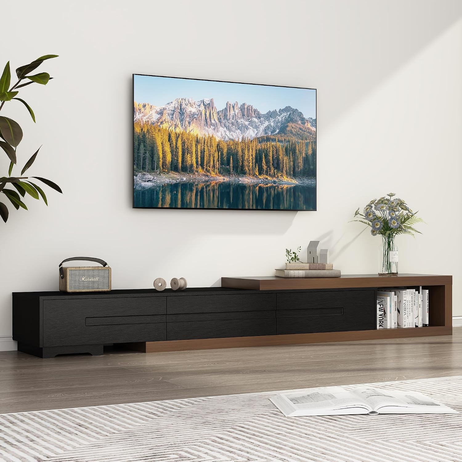 Hlivelood Extendable TV Stand, Modern Entertainment Center for Up to 120 Inch TV, Wood Reversible TV Media Console with 3 Drawers for Living Room Bedroom, 82-110'(Black& Walnut)
