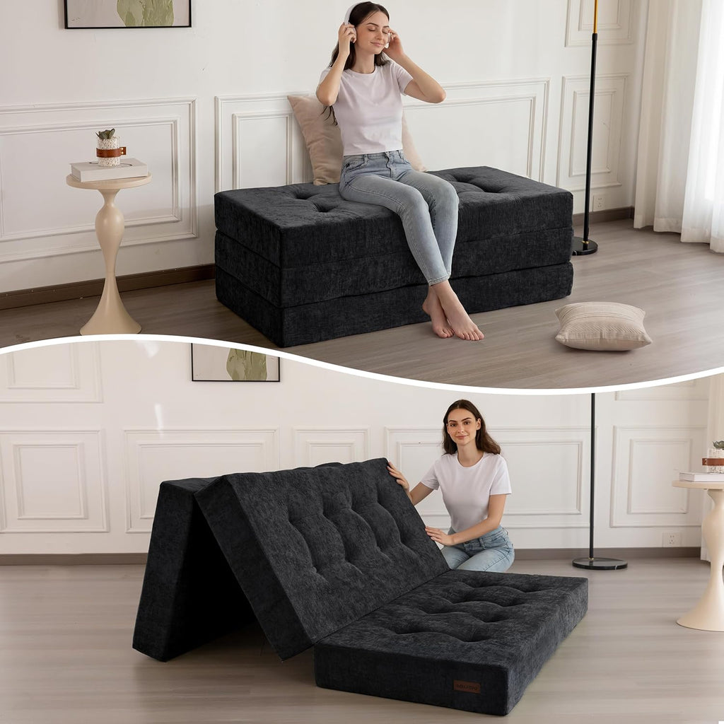 MAXYOYO 6' Folding Sofa Bed for Floor, Tufted Tri-Fold Floor Mattress with Chenille Fabric, Twin Size Portable Sofa Couch Guest Mat for Adults, Foldable Topper for Camping, Black, 35.4'x75'