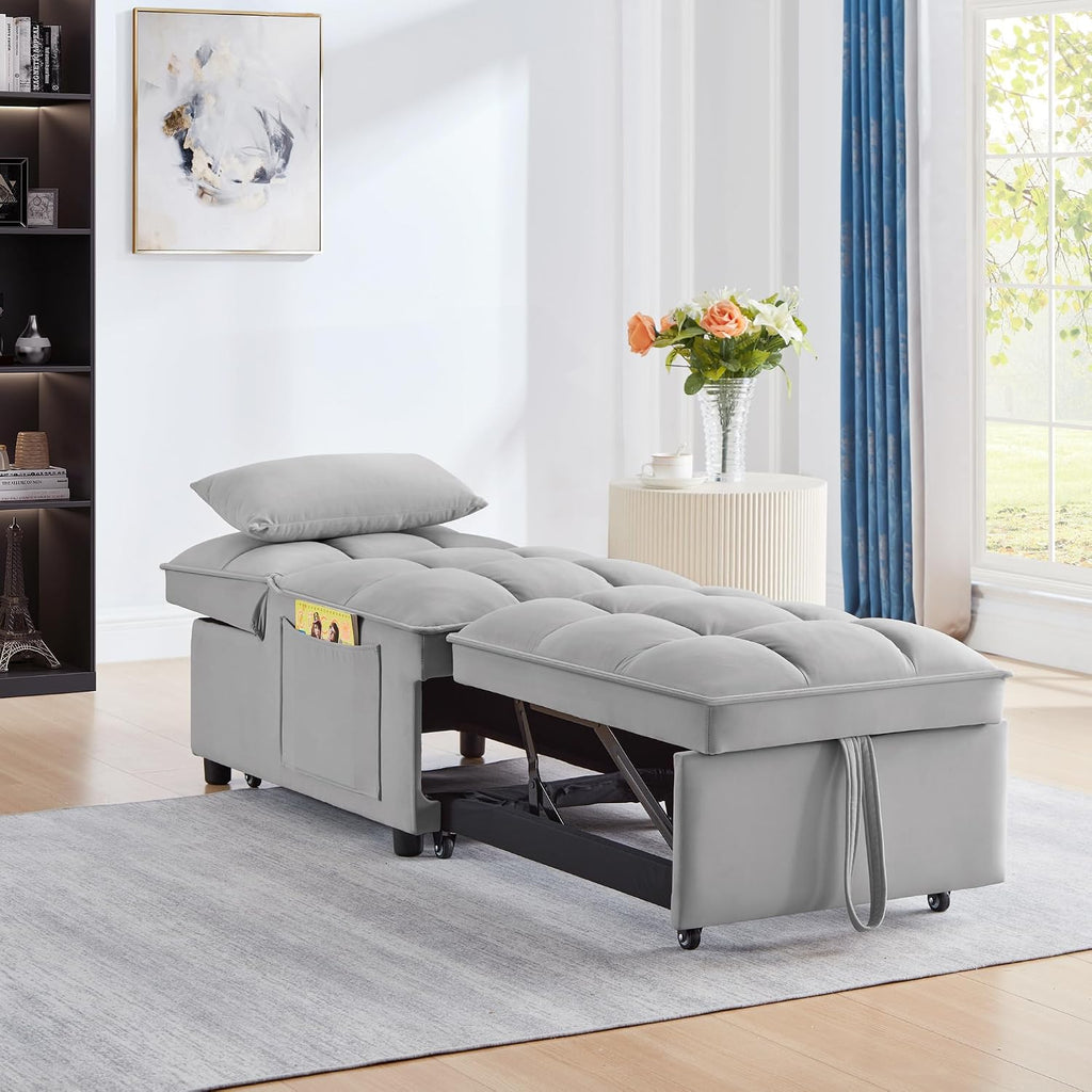 YOPTO Multi-Function Convertible Single Sleeper Sofa Bed with Storage Pockets,Velvet Tufted Pull-Out Couch Bed 4in1 W/Adjustable Backrest & Pillows,Chaise Lounge for Living Room,Small Space,Gray