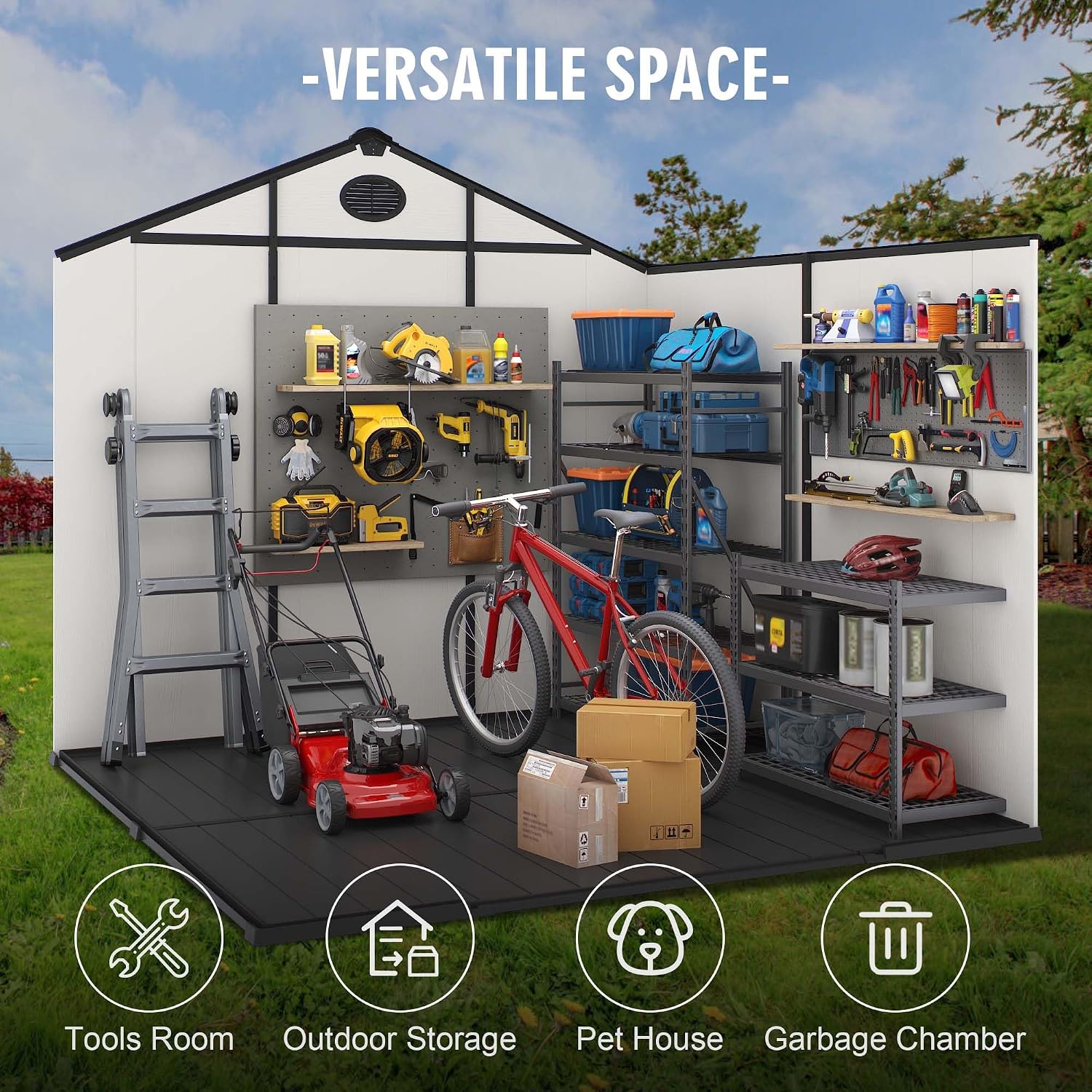 8' x 8' Outdoor Resin Storage Shed with Floor,Galvanized Metal Waterproof Garden Shed with Lockable Door, Windows, Vents, Plastic Tool, Bike Storage for Patio Furniture, Lawn Mower