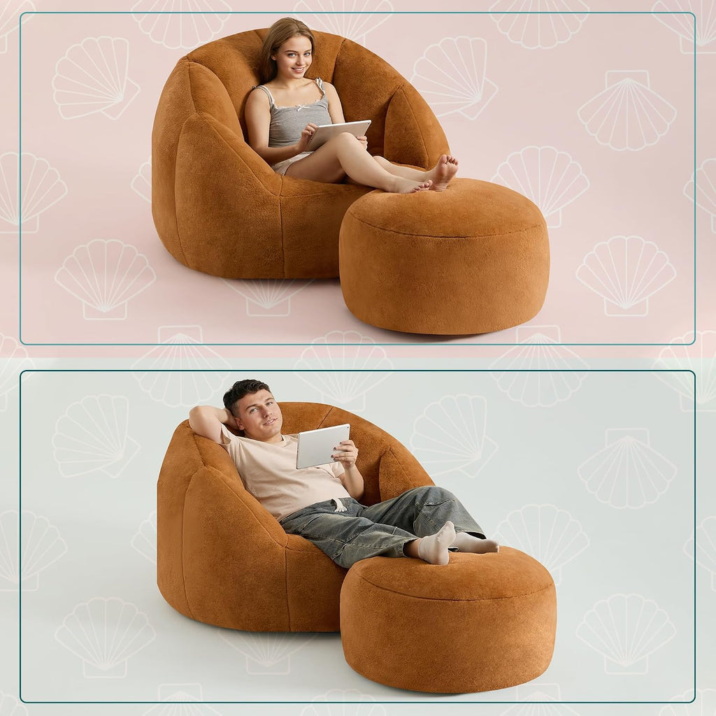 Gericco Giant Bean Bag Swivel Chair for Adults with Ottoman - Comfy Plush Round Shell Soft Accent Chaise Lounge Indoor Chair, Oversized Cozy Floor Sofa for Living Room Game Rooms, Orange