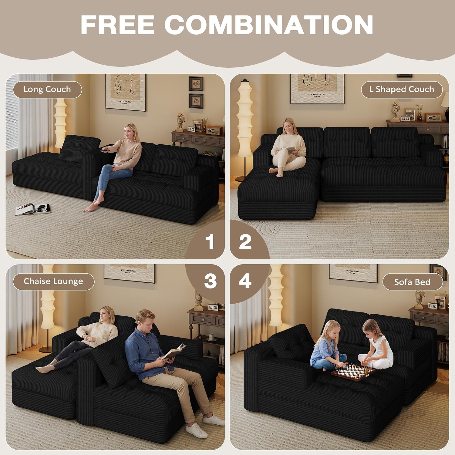 Boneless Couch, 2026 New Boneless Sectional Couch with Deep Seat & Chaise for Small Spaces, Upholstered Cloud Couch Sectional Boneless Couches for Living Room, No Assembly, Left Facing Chaise, Black