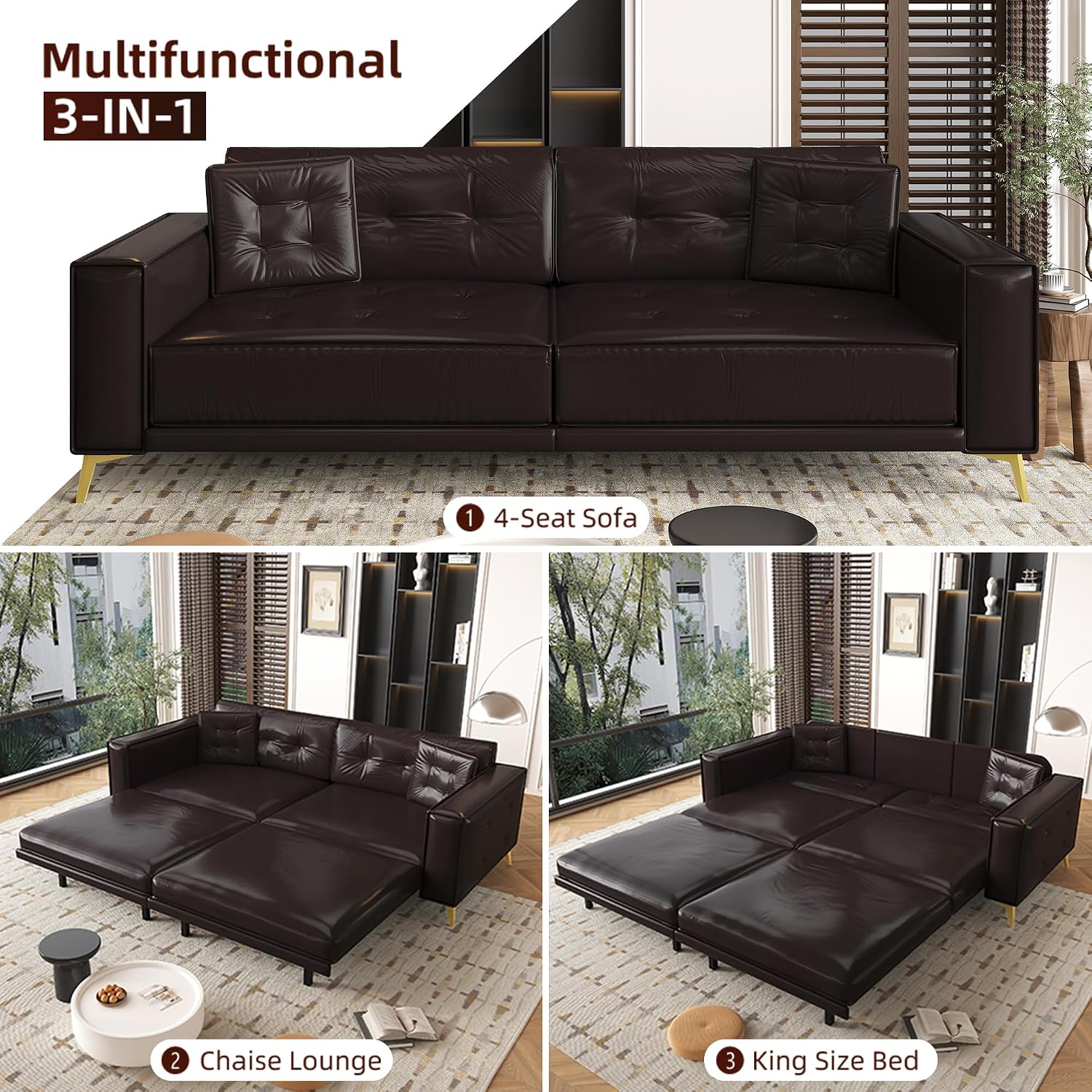 92.1'' King Pull Out Sofa Bed, Convertible Futon Couch, 3-in-1 Faux Leather Sleeper Sofa with Tufted Back, 2 Pillows, Gold Legs, Deep Folding Loveseat for Living Room, Apartment, Dark Brown