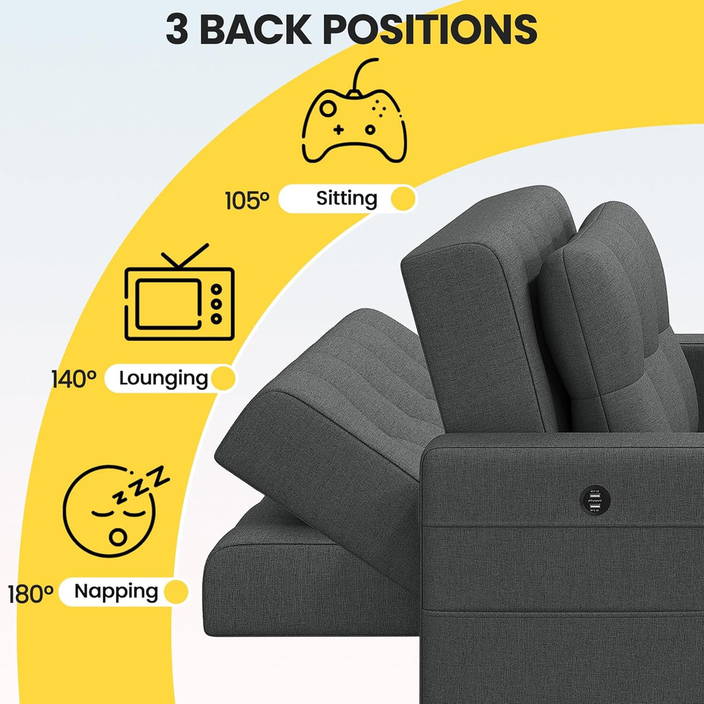 Yaheetech Sleeper Chair Convertible Chair Bed Fabric Futon Sofa Bed 3-in-1 Adjustable Sleeper Couch with 2 USB Ports for Living Room Limited Space Office Apartment, Dark Gray