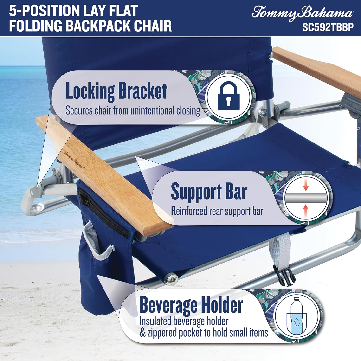 Tommy Bahama 2-Pack 5-Position Classic Lay Flat Backpack Beach Chair with Cooler and Cup Holder, Portable Folding Beach Chair for Tanning, Red/White/Blue