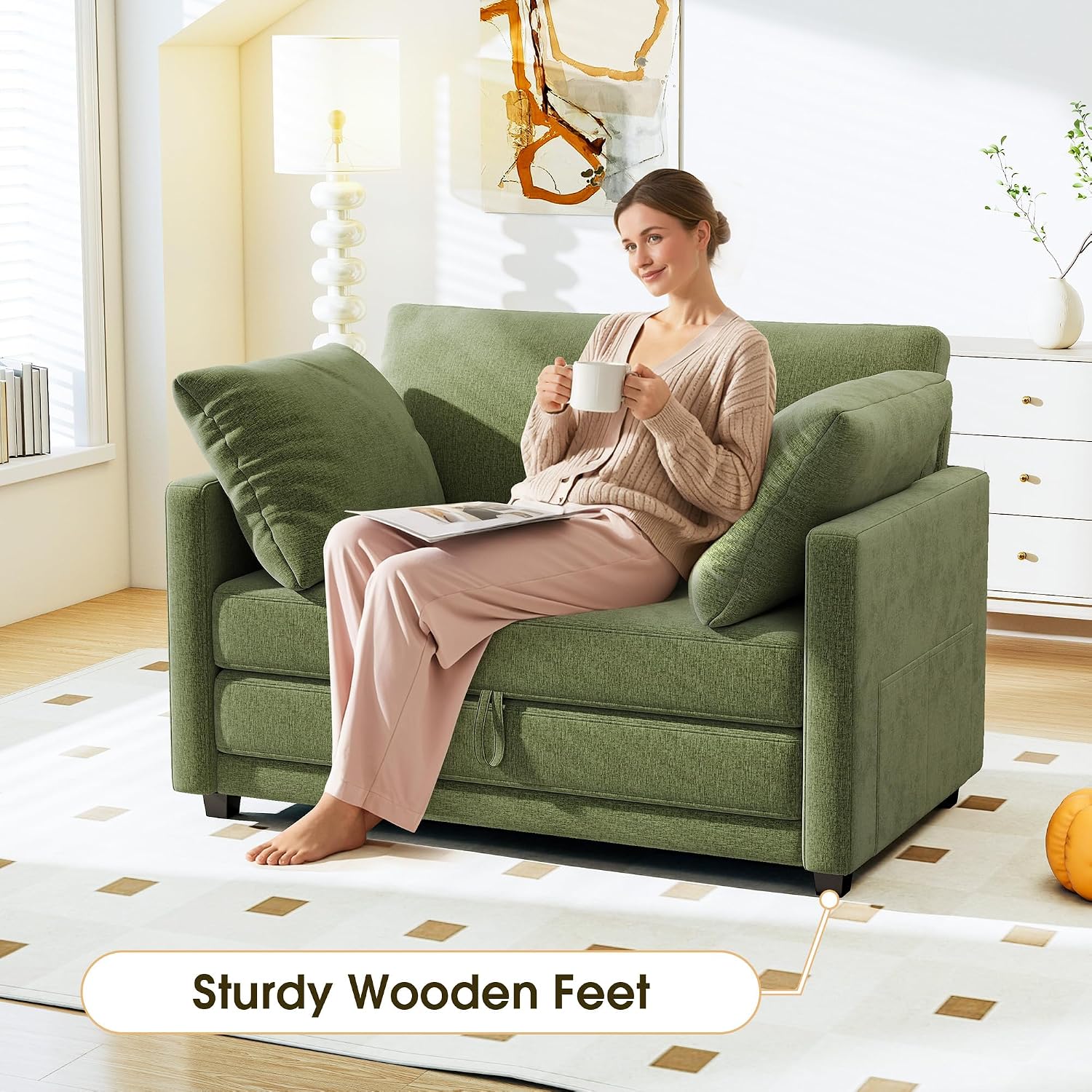 51' Convertible Loveseat Sofa Bed, 2 in1 Folding Sofa Bed, Loveseat Sleeper Sofa for Small Spaces, Fold Out Floor Couch with 2 Pillows for Apartment, Living Room & Guest Room, Green Chenille Fabric