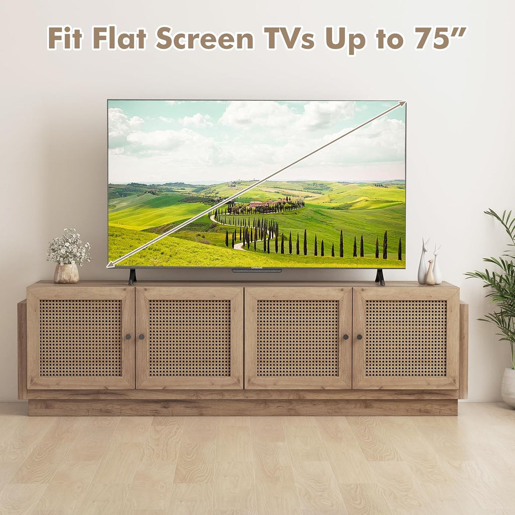 Tangkula Farmhouse TV Stand for TVs Up to 75-Inch, PE Rattan Entertainment Center with Storage and Adjustable Shelves, Mid Century Modern TV Console with 2 Cabinets and 8 Cable Holes for Living Room