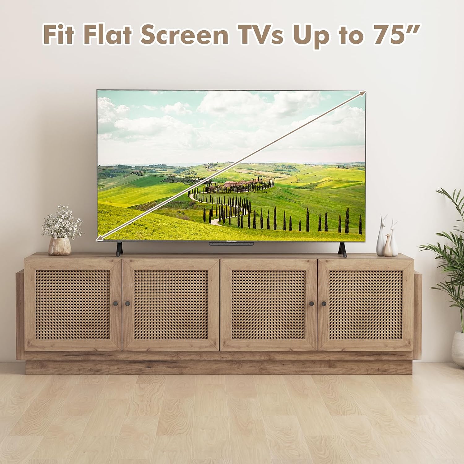 Tangkula Farmhouse TV Stand for TVs Up to 75-Inch, PE Rattan Entertainment Center with Storage and Adjustable Shelves, Mid Century Modern TV Console with 2 Cabinets and 8 Cable Holes for Living Room