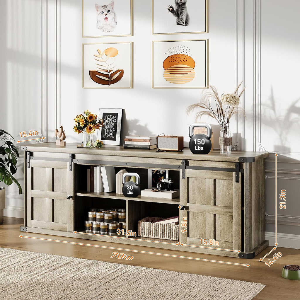 Garvee 70 in TV Stand for 75 in TVs, Farmhouse Entertainment Center and Media Furniture with Sliding Barn Doors & Storage Cabinets, Mid Century Modern TV Console Table for Living Room Bedroom