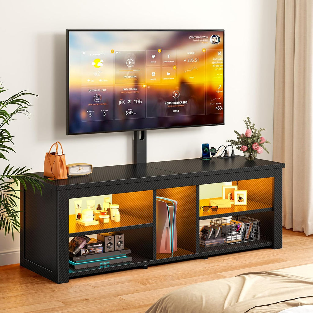 TV Stand with Mount for 55/65 Inch TVs,Wood TV Stands for Living Room with Power Outlet & LED Entertainment Center Gaming Console for Bedroom, Height Adjustable Swivel TV Mount, Carbon Fiber Black