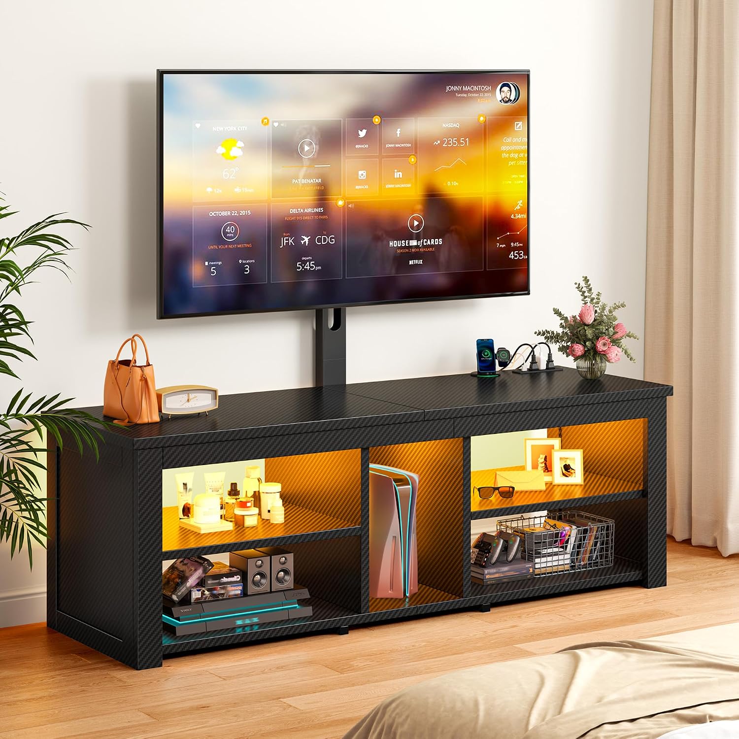 TV Stand with Mount for 55/65 Inch TVs,Wood TV Stands for Living Room with Power Outlet & LED Entertainment Center Gaming Console for Bedroom, Height Adjustable Swivel TV Mount, Carbon Fiber Black