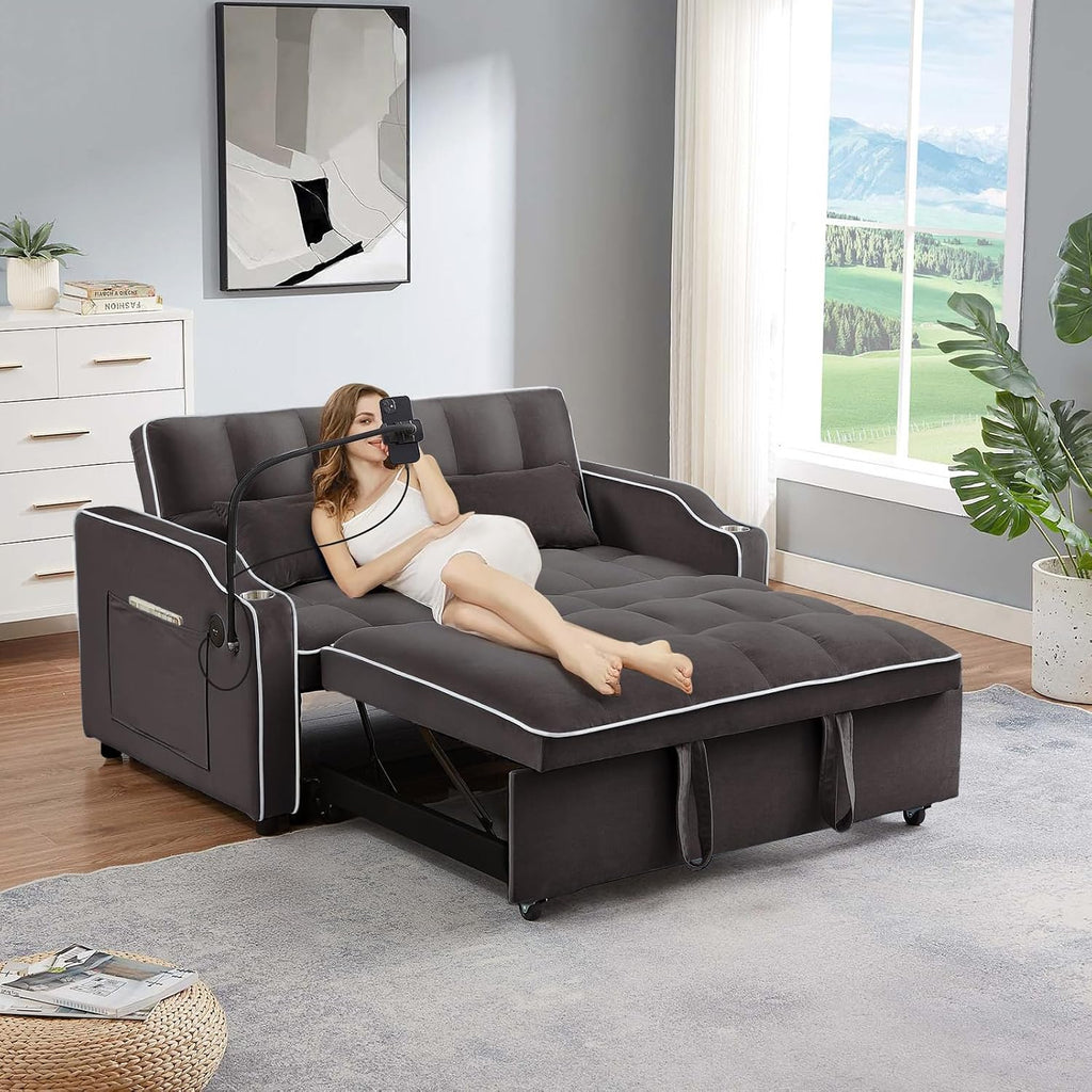 JEEOEHY 3 in 1 Convertible Sleeper Sofa Bed,Velvet Pull Out Couch Bed w USB&Type C Port,Comfy Futon Loveseat with Adjustable Backrest&Phone Holder for Living Room Apartment Small Space(Brown)