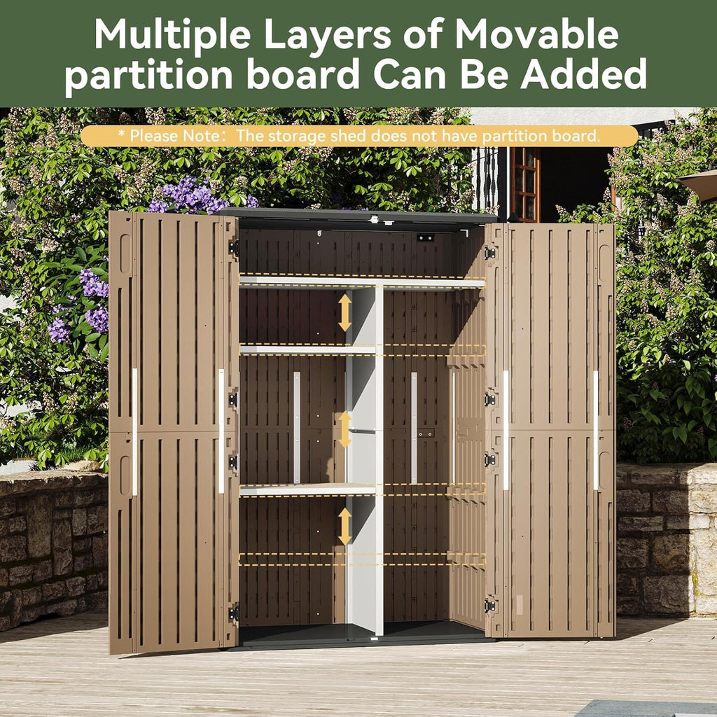 Aoxun Outdoor Storage Shed, 64 Cu.Ft Vertical Storage Sheds Outdoor with Floor, Outdoor Waterproof Storage Cabinet for Garage Storage, Pool Storage (Brown)