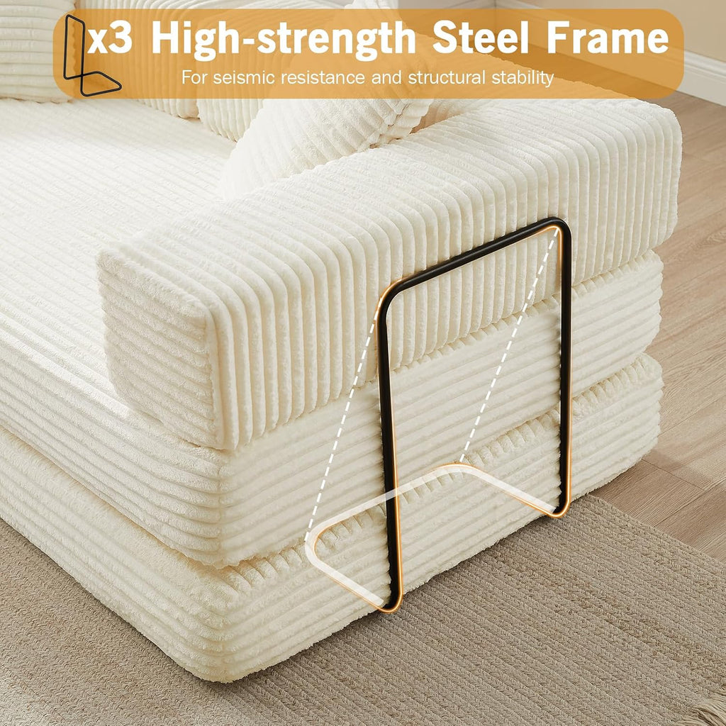 81'' Futon Sofa Bed, Folding Floor Couch Bed, Corduroy Fabric Boneless Couch, Compressed Boneless Sofa in a Box, Comfy Sleeper for Living Room-Beige