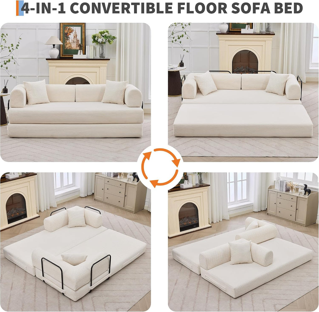 IDEALHOUSE 4 in 1 Convertible Sleeper Sofa Bed Couch, 79 Inch Boneless Corduroy Floor Couch with Pillows, No Assembly, Modern Deep Seat Sofa Futon Mattress for Living Room,Apartment,Beige