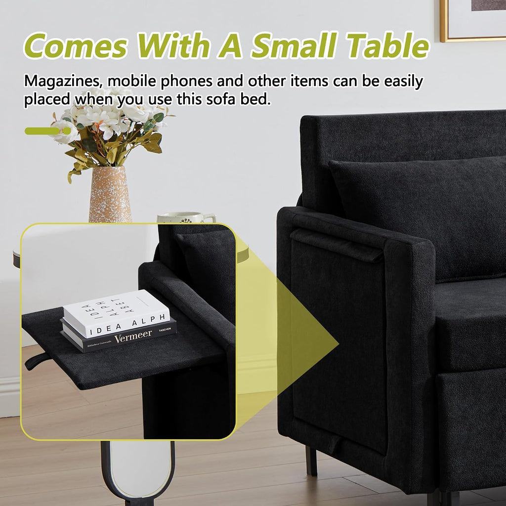 51'' Small Pull Out Sofa Bed, 3-in-1 Convertible Sleeper Couch Bed, Chenille Futon Sleeper Sofa with Side Table and 2 Pillows, Modern Loveseat Couch for Living Room, Bedroom, Home Office (Black)