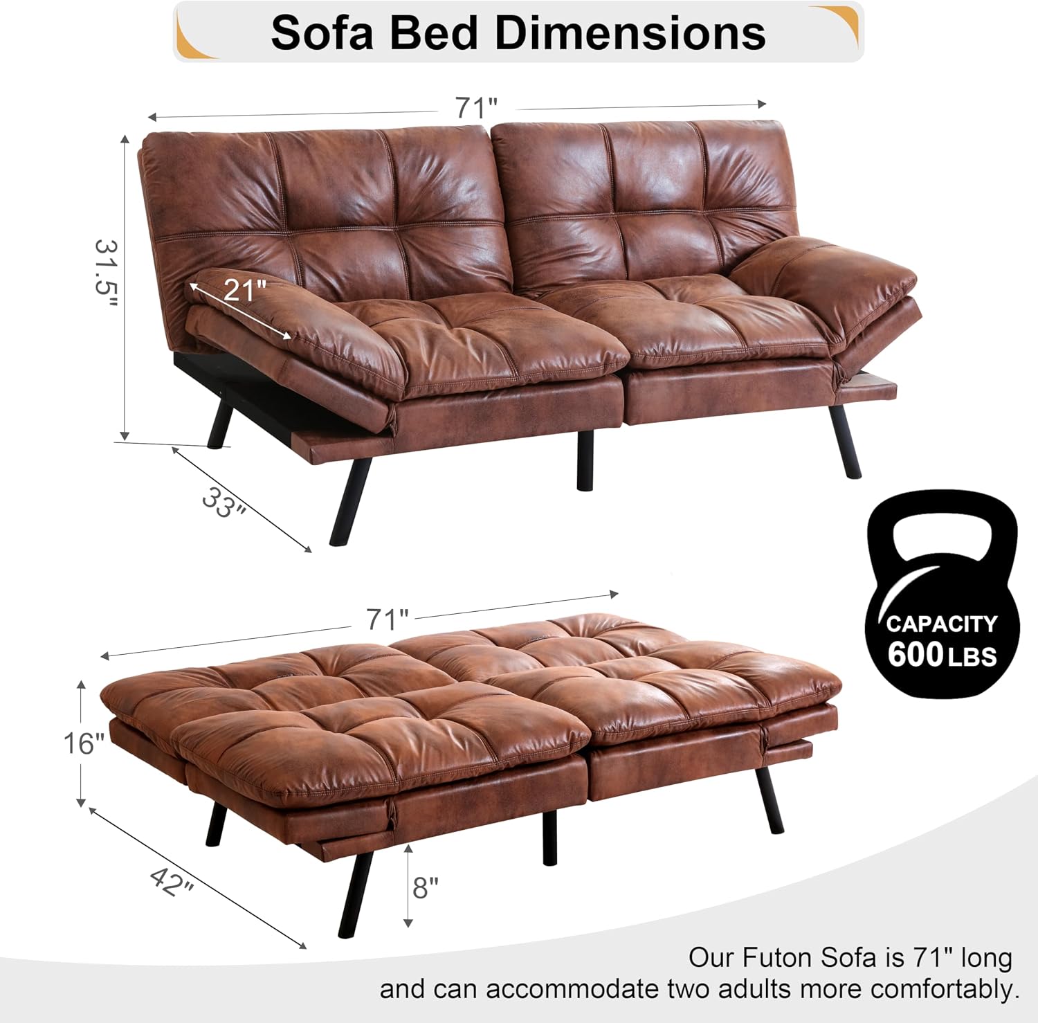 71' Futon Sofa Bed, Memory Foam Convertible Faux Leather Futon Couch Beds with Adjustable Armrest Backrest, Multi-Functional Folding Sleeper Sofa Bed for Living Room, Apartment, Brown