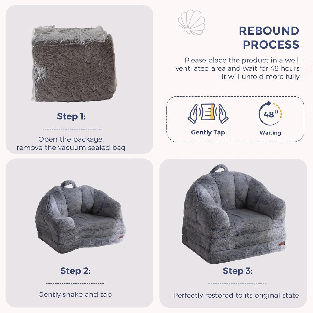 MAXYOYO Folding Sofa Bed, 2 in 1 Convertible Sofa to Lounger Comfy Single Bean Bag Chair for Adults, Floor Sleeper Couch with Handle, Faux Fur Couch Bed for Living Room Bedroom, Grey