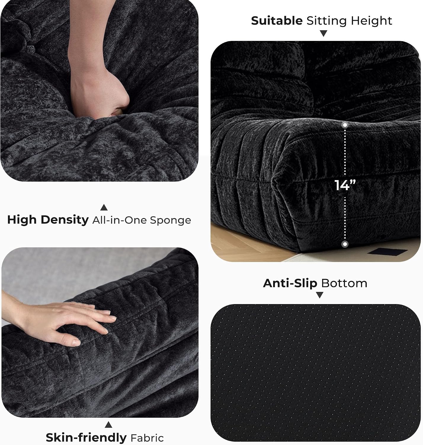 HABUTWAY Bean Bag Chair, Giant Bean Bag Chairs for Adults, 3 Seater Fireside Chair, Lazy Large Floor Bean Bag Sofa for Living Room, Bedroom, Dorm, Office (Black)