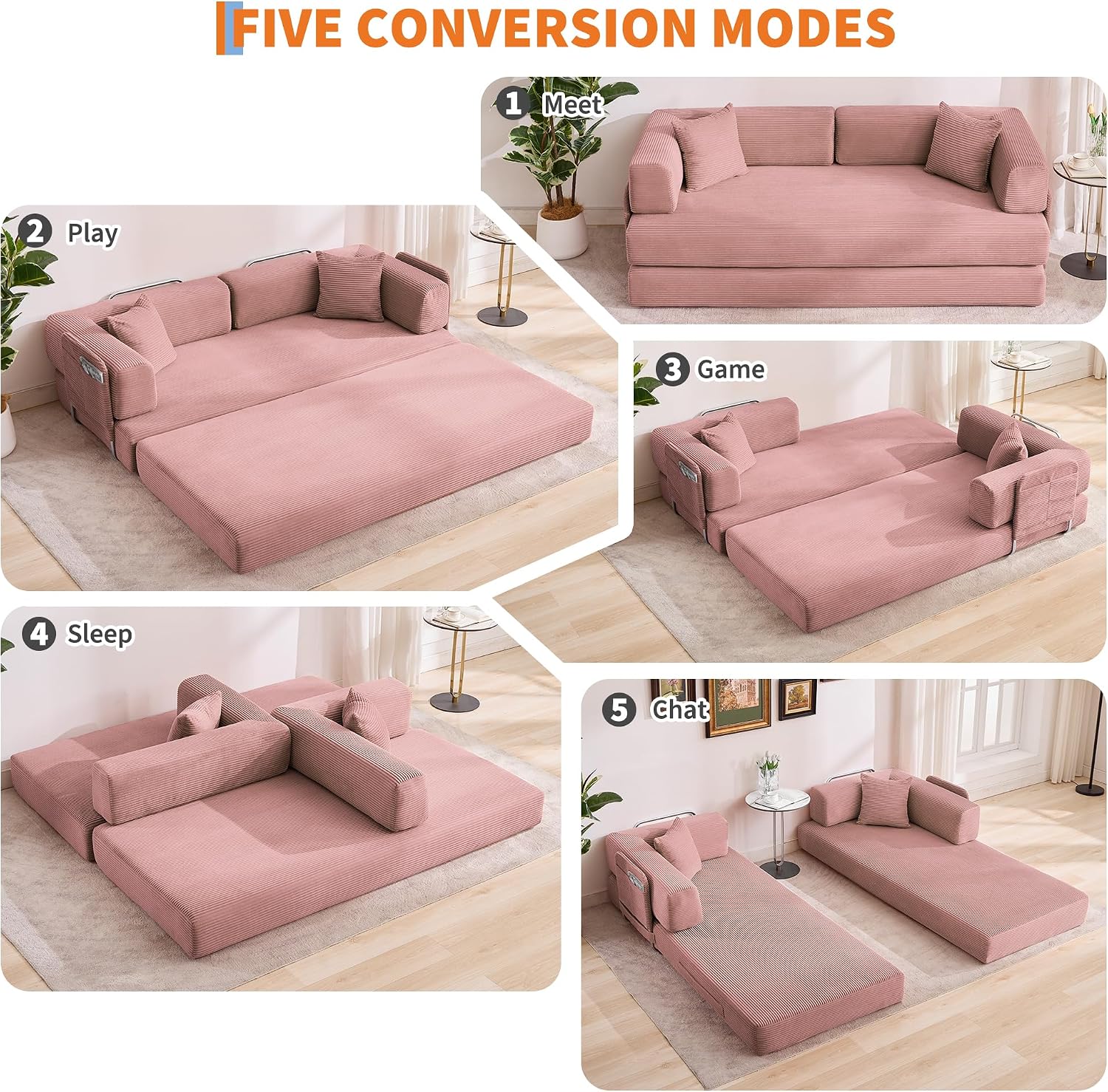 Garvee 5-in-1 Convertible Sofa Bed, 78.8' Modular Corduroy Sleeper with Sturdy Frame & No Assembly, Multi-Functional Futon for Small Space, Living Room & Guest Room (Pink)