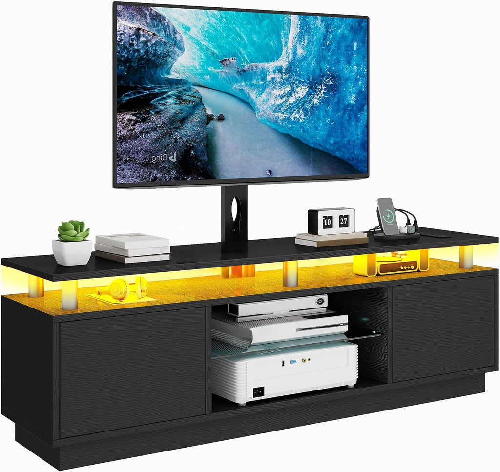 DWVO Black TV Stand for 75/70/65 inch TV with Mount & Power Outlet, Modern LED TV Stands for Living Room, Entertainment Center with Storage, Television Stand, Gaming Media Stand, Black