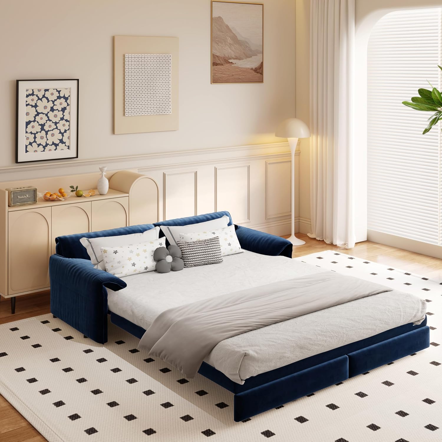3 in 1 Convertible Queen Sleeper Sofa Bed Comfy Pull Out Futon Couch Bed 66' Modern Velvet Recliner Loveseat Sofa Multi-Functional Blue Cloud Couch for Living Room,Apartment,Office (Blue 66')