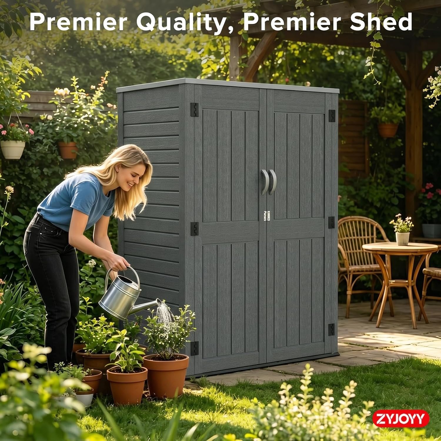 ZYJOYY 4.5 x 5.7 FT Outdoor Storage Shed, 59 Cuft Outside Waterproof Storage Cabinet, HDPE Resin Plastic 385 Gallon Outdoor Storage Container, Vertical Lockable Storage Shed, Grey