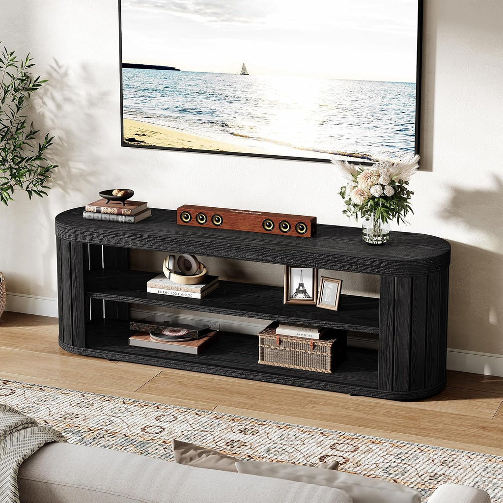 Tribesigns TV Stand for TVs up to 55 Inches, 47.2-Inch Entertainment Center with 2-Tier Open Storage & Adjustable Foot Pads, Oval Media TV Console Table for Living Room, Bedroom, Black