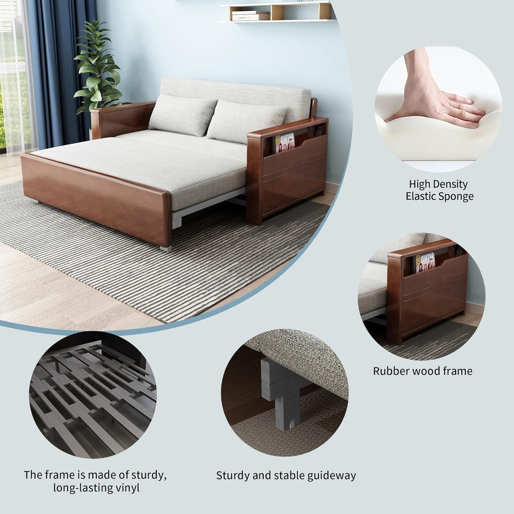 59' convertible sofa sleeper with storage,grey soft cushion sectional sleeper sofa with reversible chaise,walnut color wood sofa bed 3 in 1 pull out couch bed for livingroom,apartment,bedroom,office