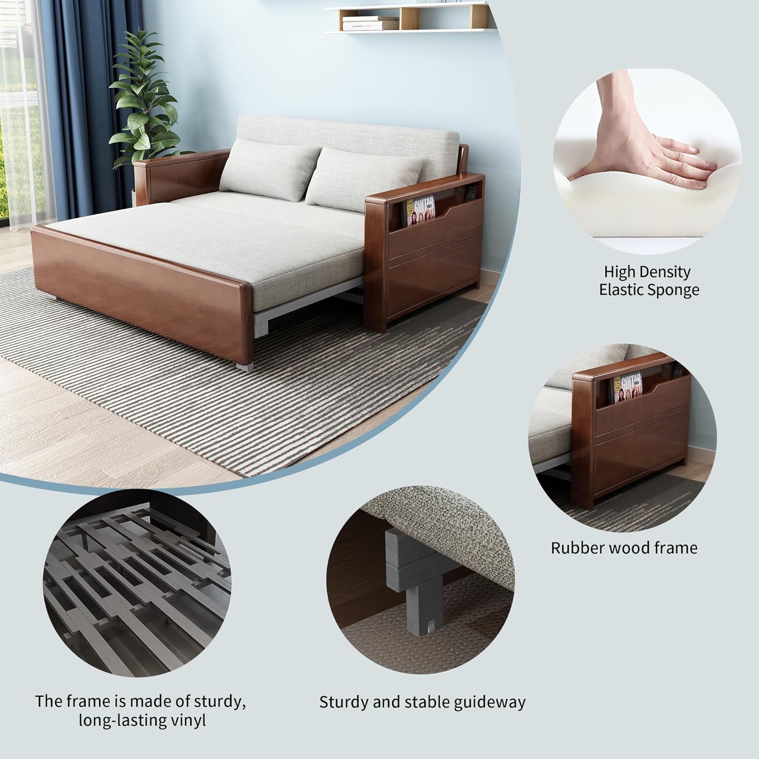 59' convertible sofa sleeper with storage,grey soft cushion sectional sleeper sofa with reversible chaise,walnut color wood sofa bed 3 in 1 pull out couch bed for livingroom,apartment,bedroom,office