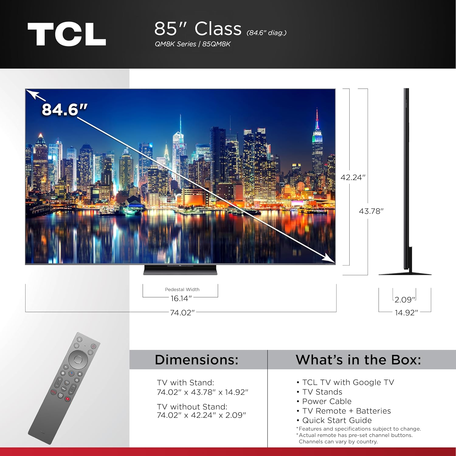 TCL 85 Inch Class QM8K Series | Mini LED QLED 4K HDR | 85QM8K, 2025 Model | 120HZ-144HZ Anti Reflective Wide Angle Screen Smart Google TV Dolby Atmos | Voice Remote Alexa Gaming Streaming Television