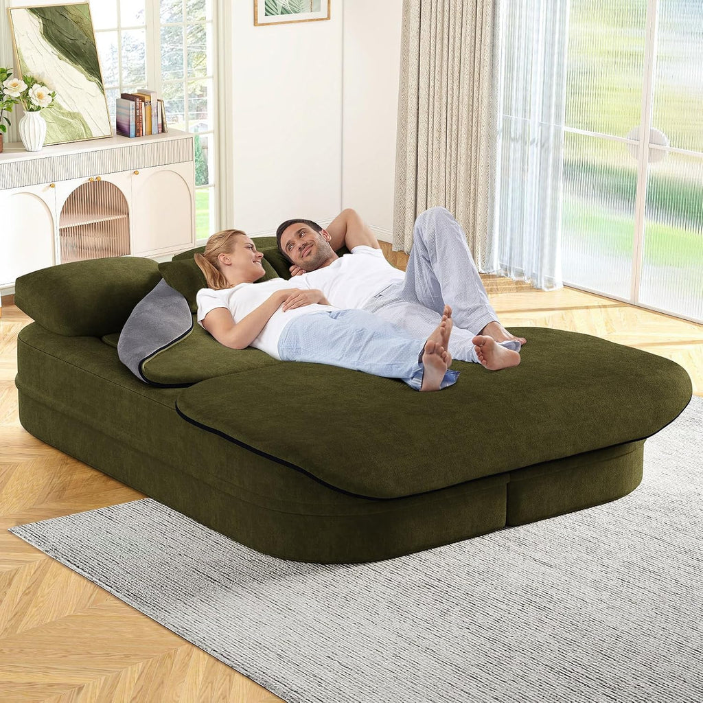 Antetek Convertible Sleeper Sofa, Modern Folding Futon Chenille Floor Foam Compression Loveseat Sofa Bed Couch, Foldable Full Size Guest Bed with 4 Pillows for Living Room Bedroom Apartment, Green