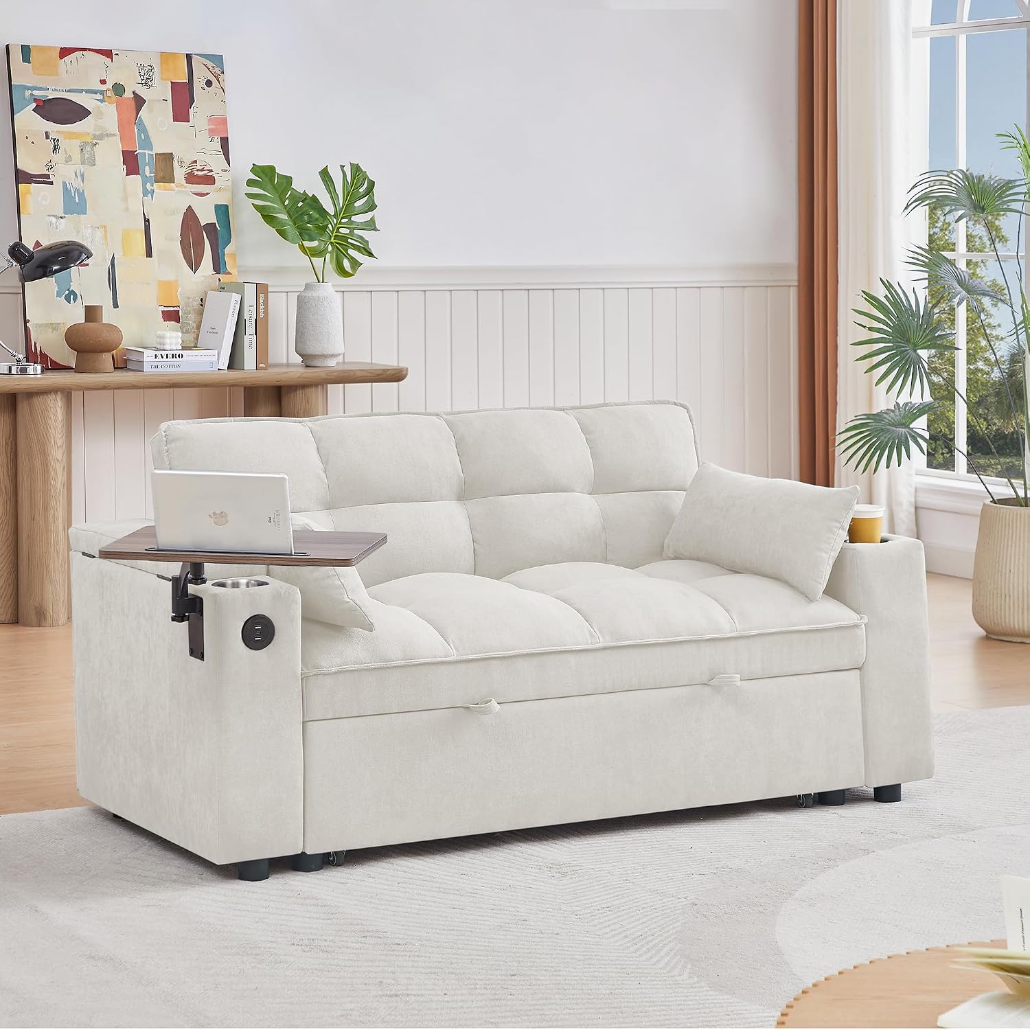 hansones 65'' Convertible Sleeper Sofa Bed with Pull-Out Design, 3-in-1 Modern Chenille Fabric Couch with 360° Swivel Side Table, Queen Size, Easy Assembly, for Living Room, White