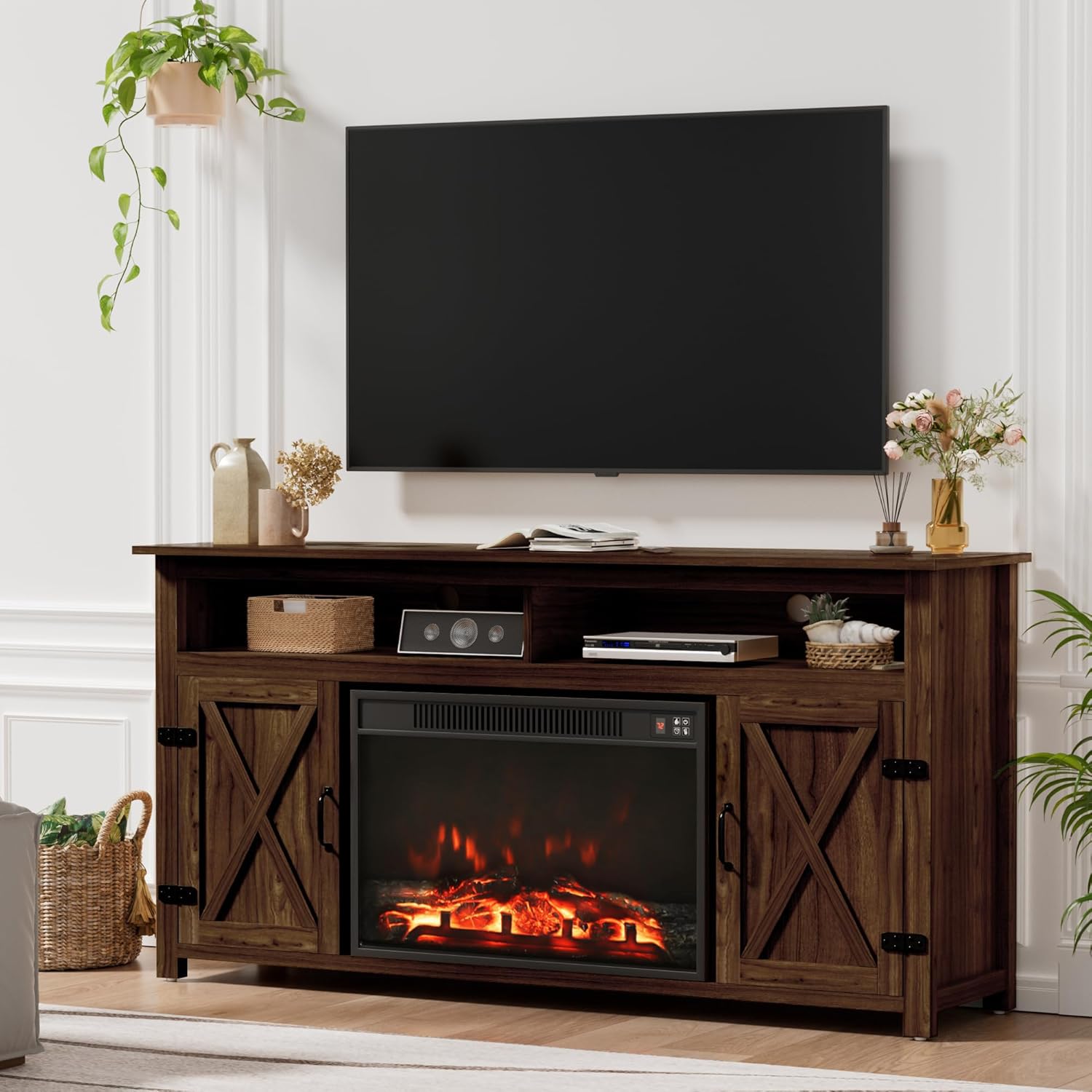 Furmax Farmhouse Fireplace TV Stand for TVs Up to 65 Inch Highboy Entertainment Center with Open Storage and Side Cabinets Rustic Media Console Table with Barn Doors for Living Room (Barnwood)