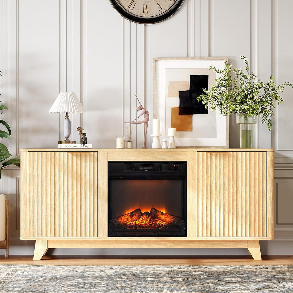 VINGLI Fireplace TV Stand for up to 70 inch TVs, Fluted Entertainment Center with Electric Fireplace Heater & Adjustable Shelves, Fireplace Media Console Table for Living Room, Oak