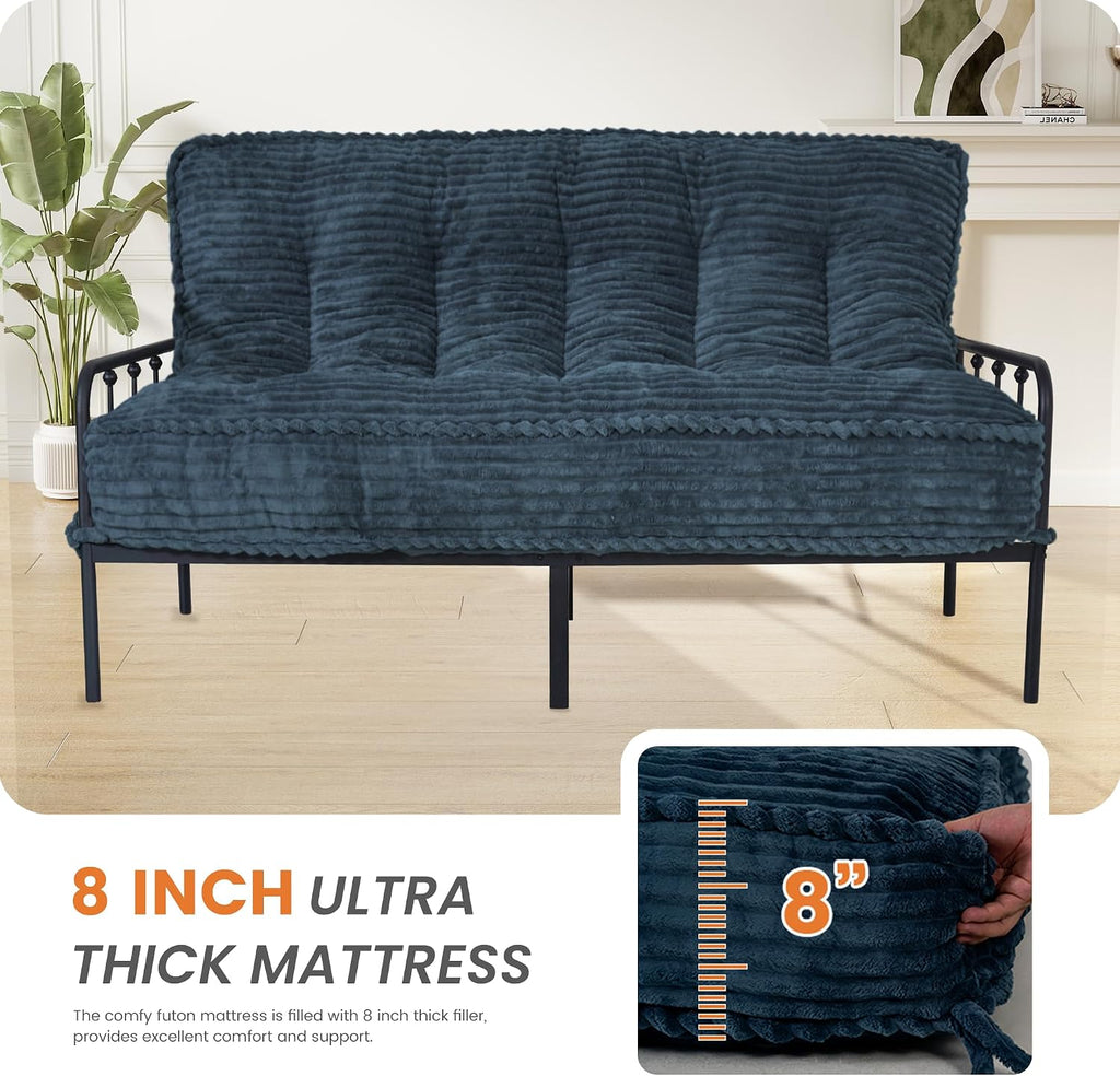 8' Futon Mattress Full Size 54' x 80', Futon Sofa Couch Bed with Twisted Rope Design Edging, Extra Thick Corded Floor Futon Mattress Sleeping Mat for Adults, Camping, Dorm, Blue(Frame Not Included)