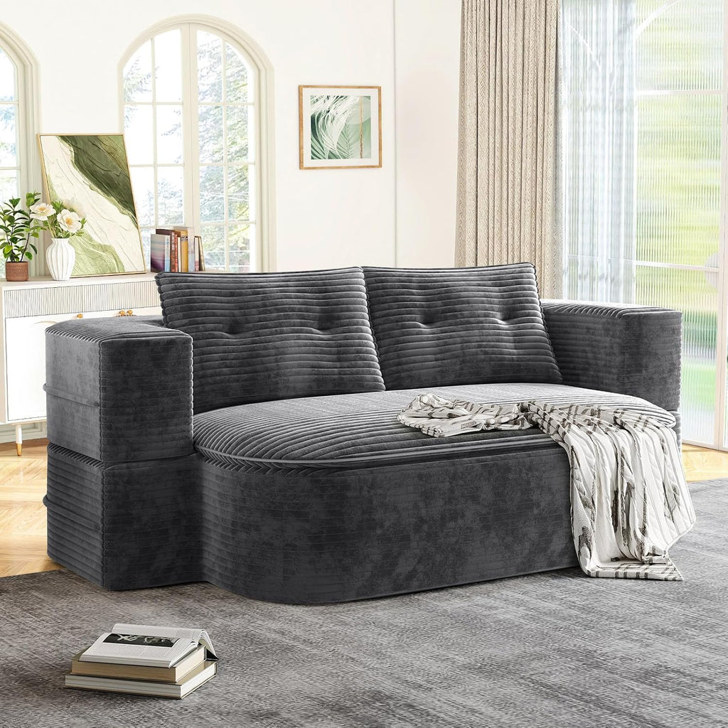 Convertible Sleeper Sofa, Modern 78-inch Folding Futon Corduroy Floor Foam Compression Loveseat Sofa Bed Couch, Foldable Full Size Guest Bed with 2 Pillows for Living Room Bedroom Apartment, Dark Grey
