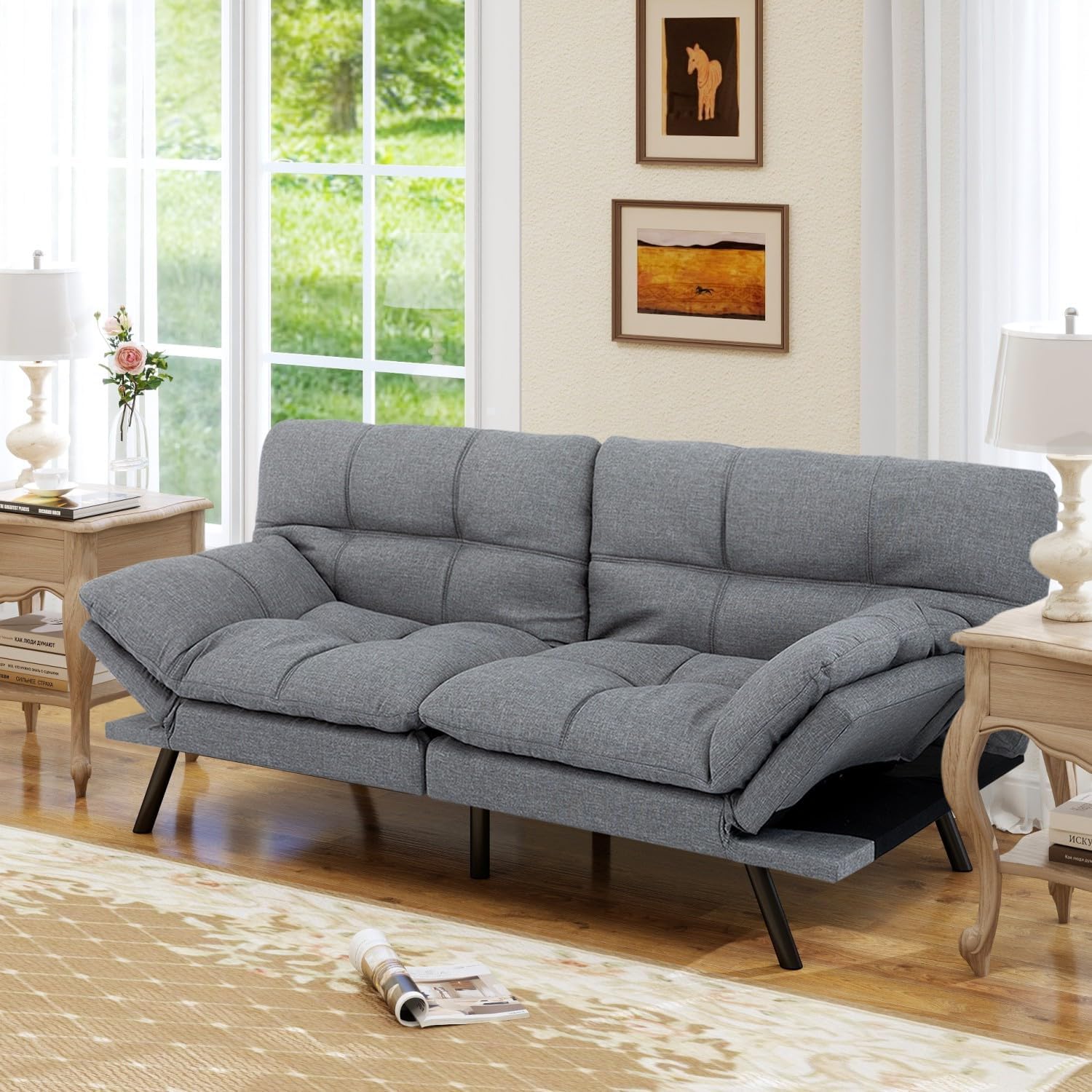MUUEGM 71' Convertible Futon Sofa Bed, Upholstered Small Futon Couches with Adjustable Backrest, Loveseat Sleeper Bed for Compact Living Room Studio Office (Silver Grey)