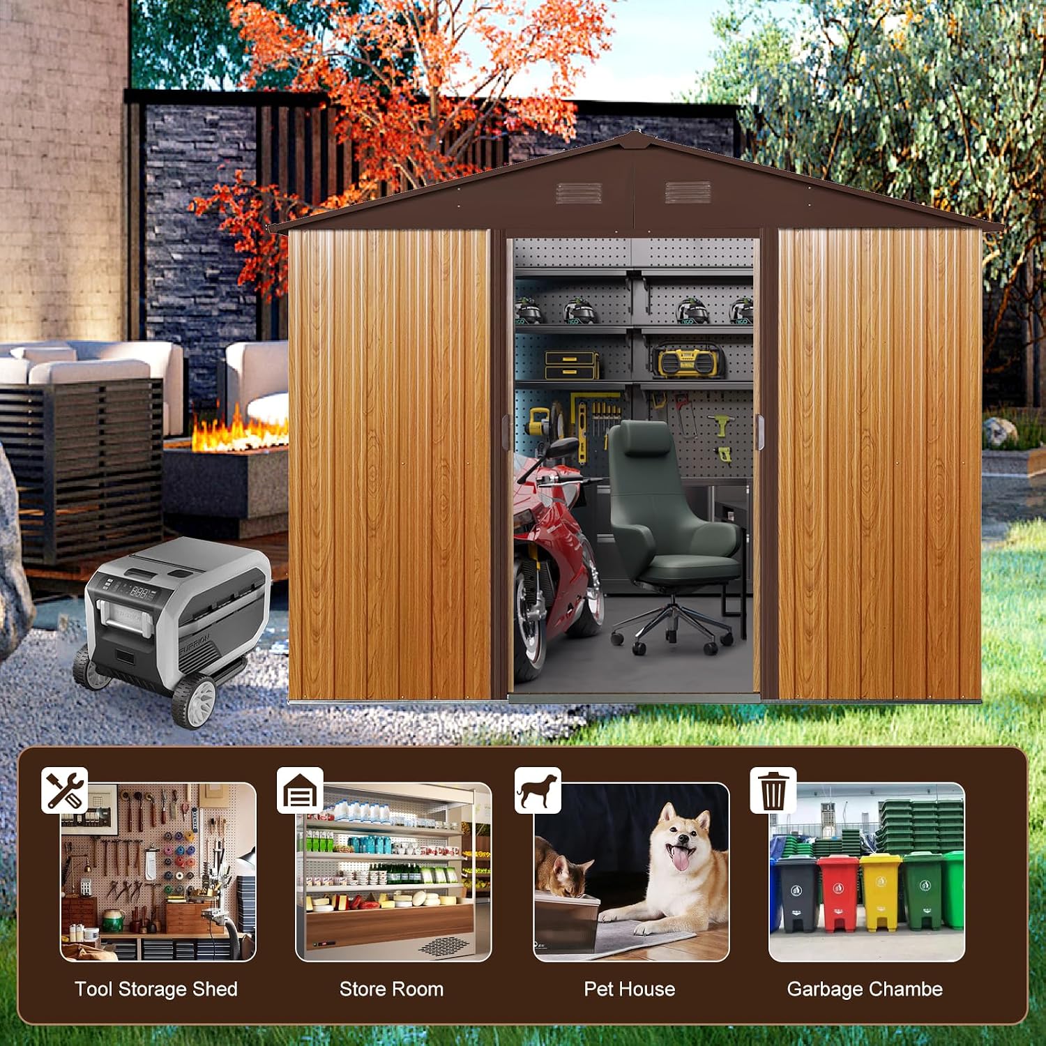 KEIKI 8x6 FT Outdoor Metal Storage Shed with Peaked Roof,Vents and Lockable Sliding Door for Garden Yard Lawn
