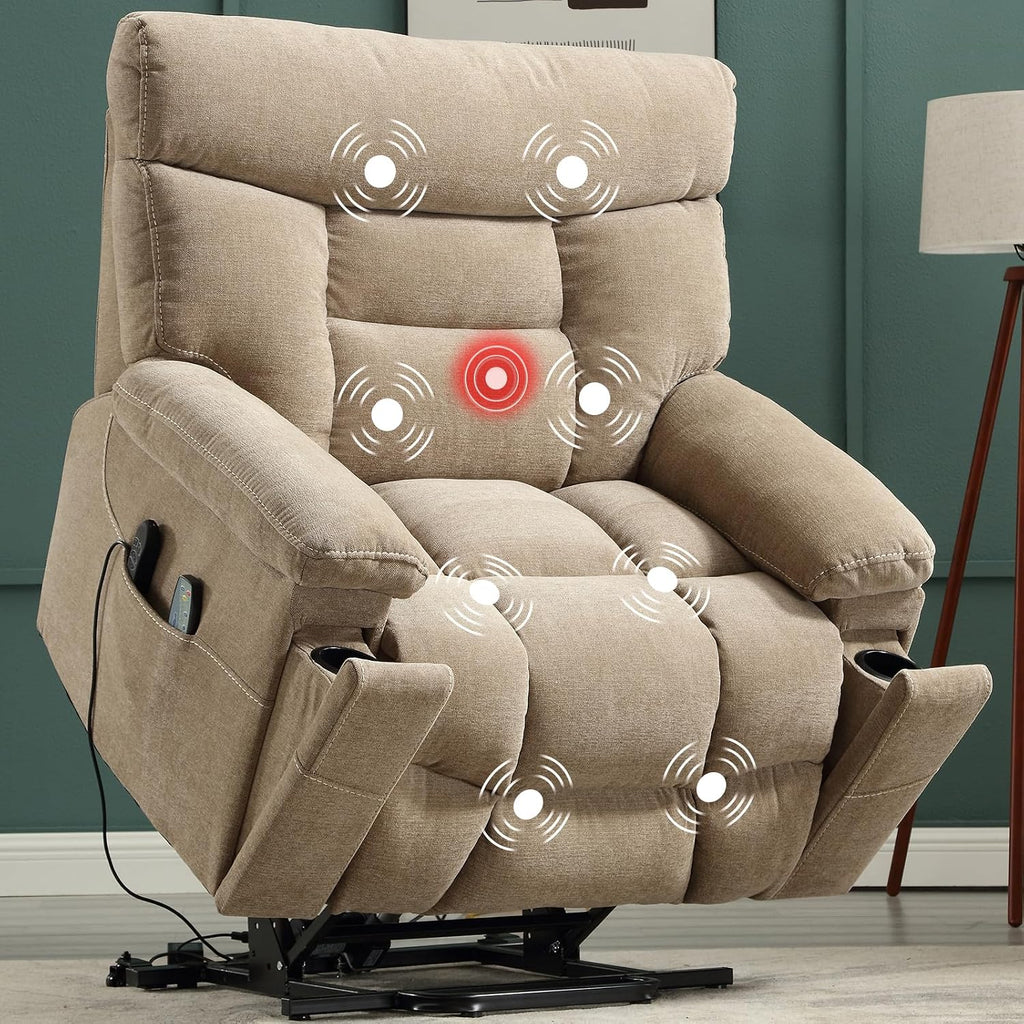 CANMOV Dual Motor Power Lift Recliner Chair for Elderly, 27' Extra-Wide Seat 450 lbs Weight Capacity Infinite Position Adjustment, with Heated Massage, Cup Holders and USB Port, Camel Fabric