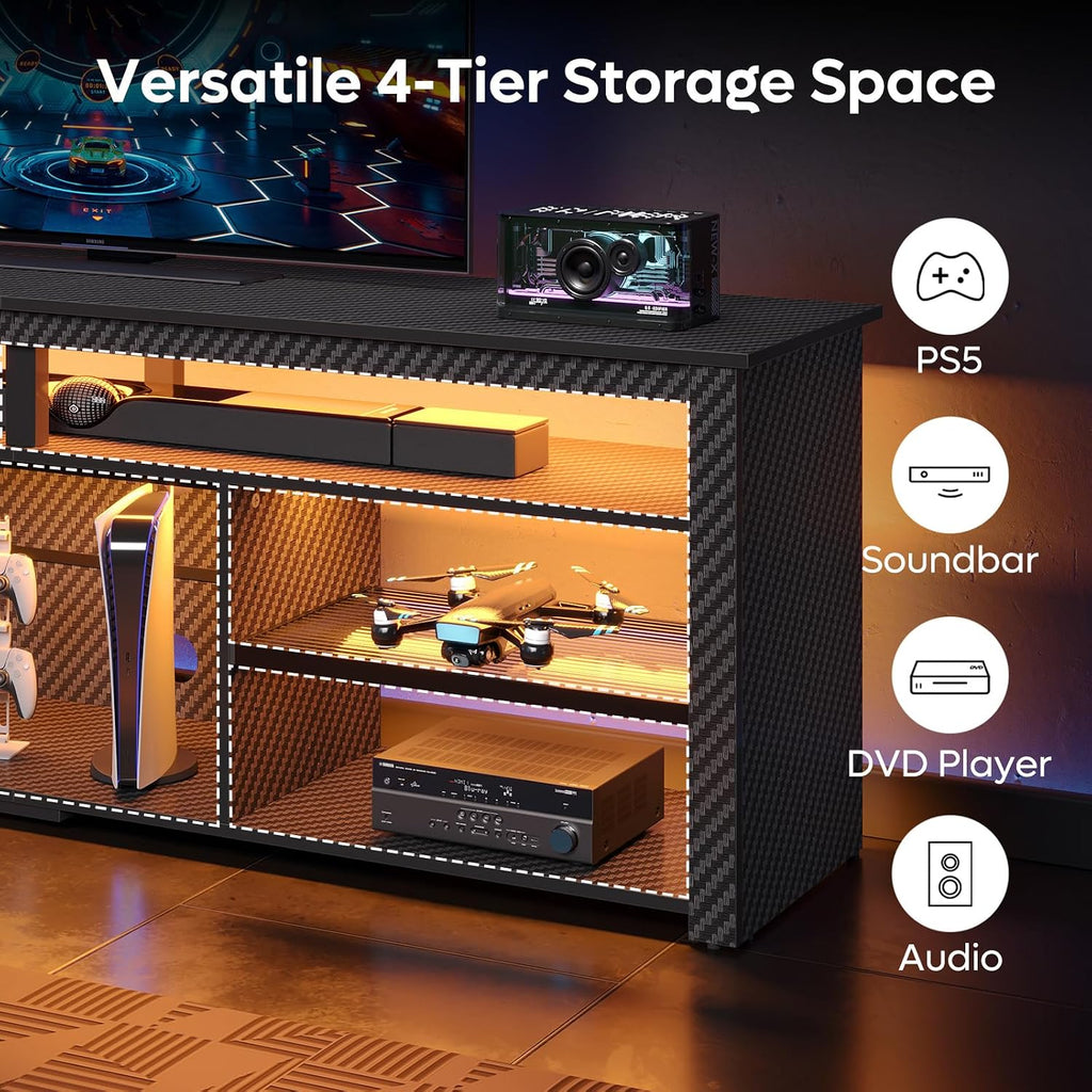 Bestier Tall TV Stand for 75 inch TV, LED Entertainment Center, Gaming TV Console with Storage for PS5, Modern TV Cabinet for Bedroom, Living Room, Black Carbon Fiber